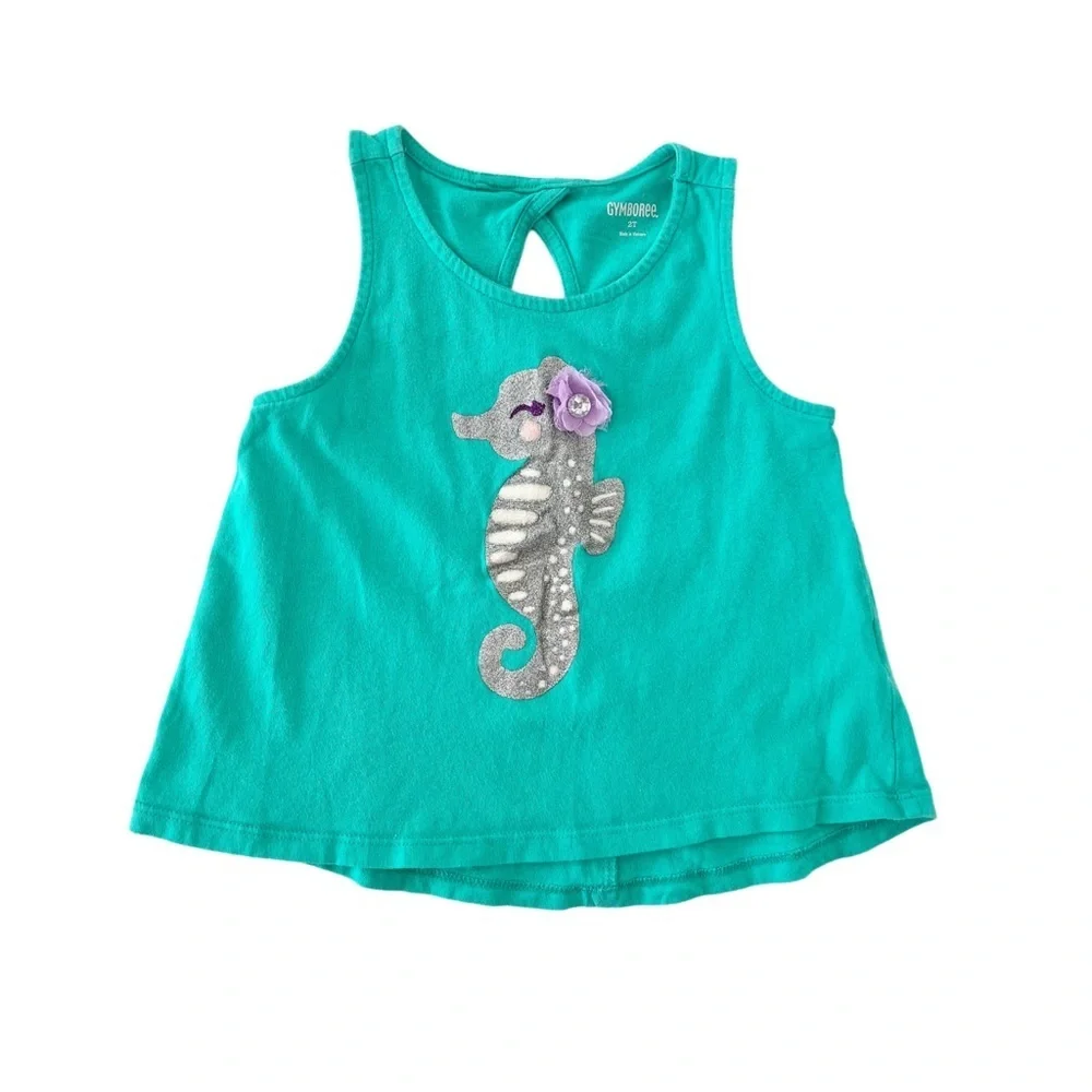Gymboree Aqua Tank Top with Silver Glitter Seahorse & Purple Flower | Girls 2T